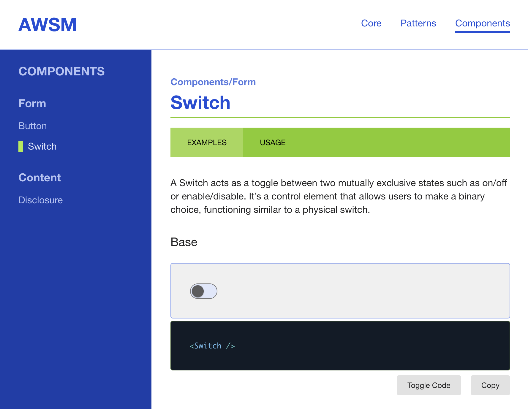 AWSM Docs website - Switch component page